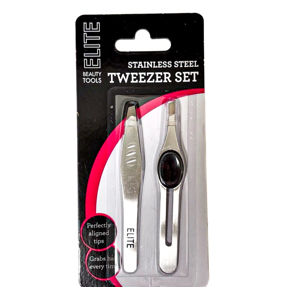 NEW - 2PC Easy Grip Stainless Steel Slanted Tweezer Set - Skincare Beauty Tools